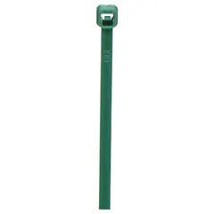 Green nylon cable tie for indoor bundling and organizing wires or cables. Nominal length 4 inches, maximum bundle diameter 7/8 inch, width 0.1 inch. Not rated for outdoor use. Supplied in a 100-pack.