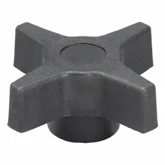 This 4-arm knob with threaded hole is used for manual adjustment and clamping on industrial machinery, jigs, and fixtures. It features a 2.46 in diameter plastic body with a steel thread insert and a 3/8"-16 thread.