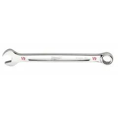 This SAE 12-point combination wrench features a 1/2 in head size and a 7 in overall length. The chrome finish provides corrosion resistance. The 12-point box end offers multiple engagement points on hex fasteners, while the open end allows for quick positioning. Suitable for tightening or loosening fasteners in mechanical and maintenance tasks.