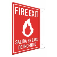 This L-shape projection sign marks fire exit routes with bilingual text. It features an Engineer Grade retroreflective surface for visibility and mounting holes for installation. Suitable for commercial and industrial facilities to guide occupants to emergency exits