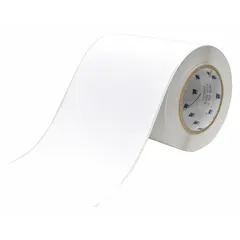 This continuous label roll is made of polypropylene with a white matte finish, suitable for indoor and outdoor use. The material is inkjet print-receptive and designed for use with the BradyJet J5000 printer series. Typical applications include on-demand industrial labeling for asset identification, safety signage, and pipe marking in facility environments.