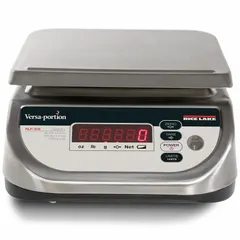 This food scale from RICE LAKE WEIGHING SYSTEMS features a 9 3/8 in by 7 7/8 in weighing surface with a readability of 5 g, 0.01 lb, or 0.1 oz. Its IP68 rating enables use in washdown environments common in commercial kitchens and food processing facilities.
