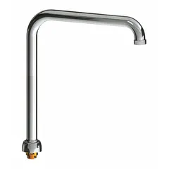 This double-bend faucet spout is constructed of brass with a polished chrome finish. It features a swivel design and an 8-inch reach, delivering laminar flow to reduce splashing. Includes mounting hardware. Suitable for commercial faucet applications such as kitchens, laboratories, and wash stations.