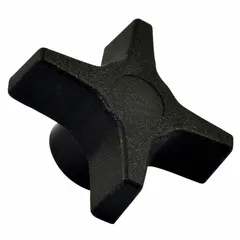 This 4-arm knob features a threaded hole for manual adjustment and clamping. With a 45 mm diameter and M10 thread, it is constructed from plastic with a steel/zinc insert. Suitable for use in machinery, jigs, and fixtures where a four-point grip is required.