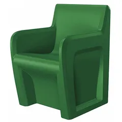 This freestanding arm chair features a green polyethylene seat material and includes arms. It is certified to ISO 22196 for antibacterial surface properties and UL 94 HB for flammability resistance. Suitable for indoor or covered outdoor seating in settings requiring hygiene and durability.