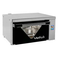 Half-size countertop convection oven with 1650 W power and one pizza plate shelf. Designed for consistent heat distribution in commercial foodservice settings, suitable for baking pizzas, reheating, and light cooking.