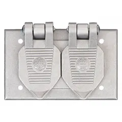 Aluminum weatherproof cover for single duplex lift covers. 2-gang design with horizontal mounting orientation. Protects receptacles from moisture and debris in outdoor electrical installations.