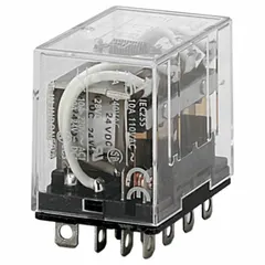 Socket-mounted general purpose relay from the LY Series with a 24V DC coil, 4PDT contact configuration, and 14 pins. Features a square base type and plug-in mounting style with plug-in electrical connection. Suitable for industrial control, automation, and switching applications such as PLC output interfaces and signal switching.