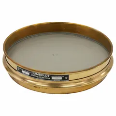 Test sieve with stainless steel 80 micron screen and brass frame, 7 7/8 in outside diameter, 41 mm height. Conforms to ASTM E11 standards. Used for particle size analysis and classification of granular materials in laboratory and quality control applications.