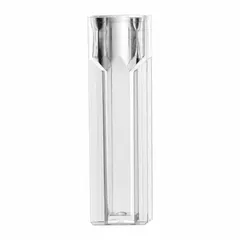 Polystyrene disposable cuvette with round shape, 2.5 mL capacity, 10 mm path length, and 800 nm maximum bandwidth. Suitable for spectrophotometric measurements in laboratory settings.