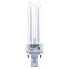 This 13-watt T4 compact fluorescent lamp features a double twin-tube design with a 4-pin G24q-1 base. It produces 2700K warm white light and is dimmable, making it suitable for general lighting in commercial and industrial fixtures such as downlights, troffers, and wall sconces.
