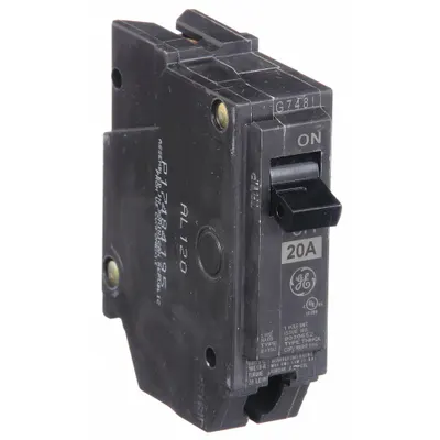 GE Miniature Circuit Breaker: THHQL, 20 A, 120/240V AC, Single Phase, 22kA at 120/240V AC - THQP, THQL & THHQL Series, Plug-In GE Miniature Circuit Breakers