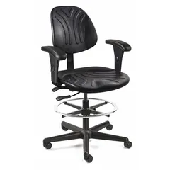 This drafting chair features a black nylon frame with adjustable arms and a tilting back. Seat width is 19 1/4 inches and seat depth is 17 1/2 inches. Suitable for use at drafting tables, workstations, and lab benches where adjustable seating supports extended tasks.