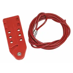 This squeeze-handle cable lockout is designed for lockout/tagout procedures to isolate energy sources. It features a pinch point/tab cinching mechanism that secures the cable around valves, switches, or circuit breakers. The device includes a 10 ft steel cable with a plastic finish and a red polypropylene body.
