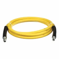 This 15 ft washdown hose assembly features a 3/8 in inside diameter, rated for 3,000 psi and temperatures from -20° to 210° F. The yellow antimicrobial carboxylated nitrile cover resists bacteria growth, making it suitable for high-pressure cleaning in industrial washdown applications such as food processing and sanitation.