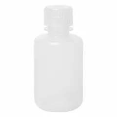 Polypropylene Narrow Mouth Round Lab Bottle, 2 fl oz (60 mL), Colorless, with Attached Unlined Closure