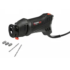 This corded cut-out tool operates at 30,000 RPM and is powered by a 5.5 A motor at 120V AC. It includes a 6 ft power cord and is suited for cutting drywall, plaster, and paneling to create openings for outlets, switches, and fixtures.