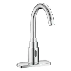 This SLOAN SF Series single-post sensor faucet is constructed of brass with a chrome finish. It is battery-powered using four included AA alkaline batteries and features a back-check tee for installation. Designed for touch-free hand washing in commercial restrooms and public spaces, it helps reduce water waste and cross-contamination.