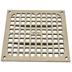 This nickel bronze grate is designed for floor sinks, providing a corrosion-resistant cover with a screw-in connection for secure installation. It features a full grate opening with square holes, a bronze finish, and measures 8 inches overall width by 5/8 inch overall height.