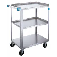 Open stainless steel utility cart with three shelves and a 500 lb max load capacity. Overall height is 32 1/8 inches. Equipped with four swivel casters for maneuverability. Suitable for transporting supplies and equipment in commercial kitchens, hospitals, and industrial facilities