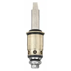 This brass compression cartridge is a replacement component for controlling hot and cold water flow in faucets. It has an overall length of 1 inch and is compatible with Chicago Faucets brand faucets. Commonly used in commercial or industrial sink applications for maintaining water temperature and flow.