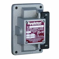 Replacement front cover with integrated tumbler switch for industrial electrical enclosures. Constructed with a malleable iron cover for mechanical strength. Suitable for use in harsh environments requiring reliable switch operation.