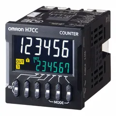 The OMRON H7CC-A is a digital counter with a 2 in x 2 in LCD display and screw terminals. It features a Replacement Time Notification Function to indicate potential preventive maintenance needs. With a 3A output rating and flush mounting style, it is suitable for counting events or cycles in industrial automation and manufacturing processes. Certified cUR.