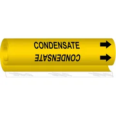 Yellow wrap-around pipe marker with black legend reading 'Condensate' and directional arrows. Fits pipe outer diameters from 2-1/2 to 7-7/8 inches. Used to identify condensate lines in industrial piping systems for safety and compliance.