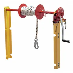 Polyester winch with 300 lb weight capacity and 35 ft cable. Yellow finish. Includes rope with swivel snap hook harness end connection. Used for raising and lowering guardrails in confined-space entry applications.