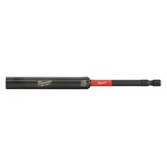 This bit holder with screw guide accepts 1/4 in hex-shank bits and is impact rated for use with impact drivers. The magnetic tip secures the bit during operation. Typical applications include driving screws in construction and assembly tasks.