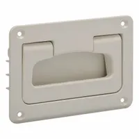 This ELESA folding pull handle is made of white plastic with a recessed design for flush mounting. It has unthreaded holes with a 118 mm mounting hole center-to-center distance and a 16 mm diameter, accepting M4 screws. Suitable for use on industrial enclosures, machinery doors, and panels where a space-saving grip is required