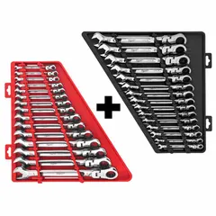 This 30-piece set includes SAE and metric 12-point ratcheting combination wrenches made of alloy steel with a chrome finish. Sizes range from 8 mm to 22 mm, organized on a tray for storage. Suitable for tightening and loosening fasteners in automotive repair, industrial maintenance, and mechanical assembly.