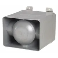 This electronic horn alarm operates on 24V DC and is suitable for both indoor and outdoor use. The gray unit produces a horn sound for industrial signaling applications such as plant alarms, safety warnings, and process notifications