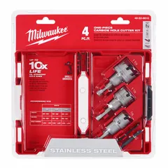 This 4-piece kit includes carbide-tipped hole cutters with a maximum cutting depth of 3/16 in. Designed for cutting clean holes in metal materials such as steel, stainless steel, and aluminum. Not impact rated; suitable for use with standard drill drivers in metal fabrication, HVAC ductwork, and electrical panel installation.