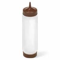 This 24 oz squeeze bottle is designed for dispensing condiments, sauces, and oils in foodservice settings. It features a 2 1/8 in opening diameter and 11 3/16 in overall height. The bottle is NSF Certified and dishwasher safe, with a brown/clear color