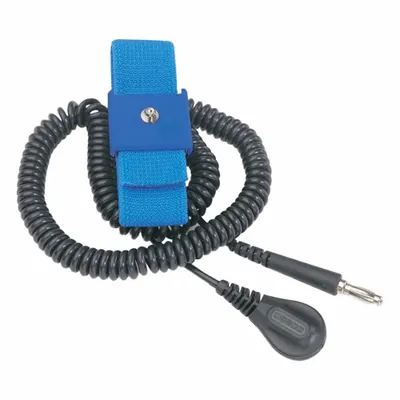 DESCO Wrist Strap: Elastic, Light Blue, Black, 1 Strap Conductors, 12 ft Cord Lg - Max - Elastic Antistatic Wrist Strap Kits