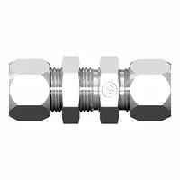 Flareless bite-type steel compression fitting union from the Ermeto Flareless series. Connects two tubes of the same outside diameter in hydraulic or pneumatic systems. Creates a leak-proof seal without flaring the tube end. Thread size: 7/16-20 x 7/16-20