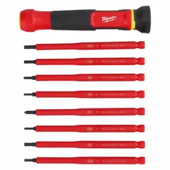 Insulated multi-bit screwdriver with 8 tips including Phillips, slotted, and Torx profiles. Single-end design with overall length of 6 3/4 inches. Suitable for electrical and general maintenance tasks where insulation is required.