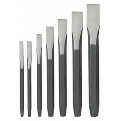 Seven-piece cold chisel set with steel construction and plain grip. Blade widths: 1/4, 5/16, 3/8, 1/2, 5/8, 3/4, and 7/8 in. Largest chisel measures 7/8 x 7-1/2 in. Used for cutting, shaping, and removing metal, concrete, or masonry.