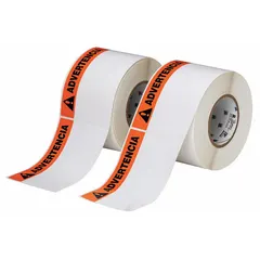 Precut label roll with WARNING header, 4 in x 6 in size, made of white polyester with rubber adhesive. Halogen-free material. Compatible with i5100 printer series. Used for industrial safety warnings and hazard communication on equipment, pipes, or areas requiring clear visual alerts.