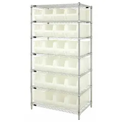 This wire stationary bin shelving unit includes 24 clear polypropylene open-front bins in a hang-and-stack style, each measuring 9 in x 8-1/4 in x 23-7/8 in. The one-sided unit features a silver steel frame and is suited for organized storage of small parts, tools, or hardware in industrial environments.