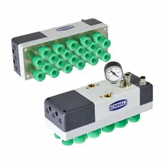 The SCHMALZ FQE Xc Series Gripping System is a large-area vacuum gripping unit with 22 suction cells and 3 ejectors. It has an overall length of 220 mm and is configured as Normally Open. This system is used for automated handling of large, flat, or porous workpieces in industrial applications such as packaging, woodworking, and assembly.