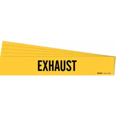 Adhesive pipe marker for identifying exhaust lines in industrial piping systems. Yellow background with black legend text for high visibility. Fits pipe outer diameters from 2-1/2 to 7-7/8 inches. Supplied as a 5-pack without directional arrows.