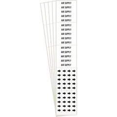 White adhesive pipe markers with black legend text reading 'Air Supply' and directional arrows. Each pack contains 3 markers, fitting pipe outer diameters of 3/4 inch and smaller. Used to identify compressed air lines in industrial piping systems.