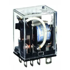 Socket-mounted relay with square base and flat pins. DPDT contact configuration rated 10 A at 120V AC. Operating current 5 A at 24V DC (inductive load). 8 terminals for plug-in connection. Suitable for switching loads in control panels and automation systems.