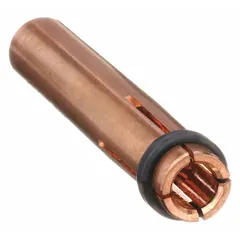 Copper alloy collet for stud welding, designed to hold #10 (5 mm) diameter studs with lengths from 1/4 in to 2 1/2 in. Used in stud welding applications where a Nelson-style collet is required for secure stud positioning during the welding cycle.