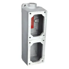 This tandem 2-gang electrical box is constructed of iron for use in hazardous locations where flammable gases or vapors may be present. It features a dead-end hub type with a 1/2 in hub size and an overall height of 12 1/16 in, providing a sealed enclosure for wiring connections and terminations in industrial environments.