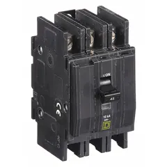 Three-phase miniature circuit breaker from the QOU Series, rated 45 A at 120/240V AC with a 10kA interrupting rating. Three-pole unit-mount design for use in air conditioning and refrigeration equipment. Provides overcurrent protection for branch circuits.