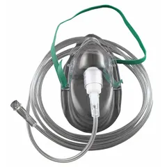 Disposable PVC oxygen mask with a flow rate range of 0 to 25 lpm. Includes oxygen supply tubing. Complies with FDA standards for single-patient use in clinical settings.