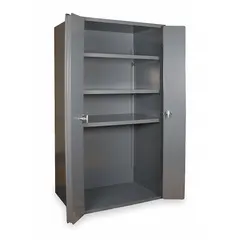 Stationary, welded steel cabinet with powder-coated gray finish. Includes three adjustable shelves and a swing handle with padlock hasp. Panel thickness is 14 ga. Suitable for organizing tools, parts, and supplies in warehouses, maintenance shops, and manufacturing facilities where space is limited.